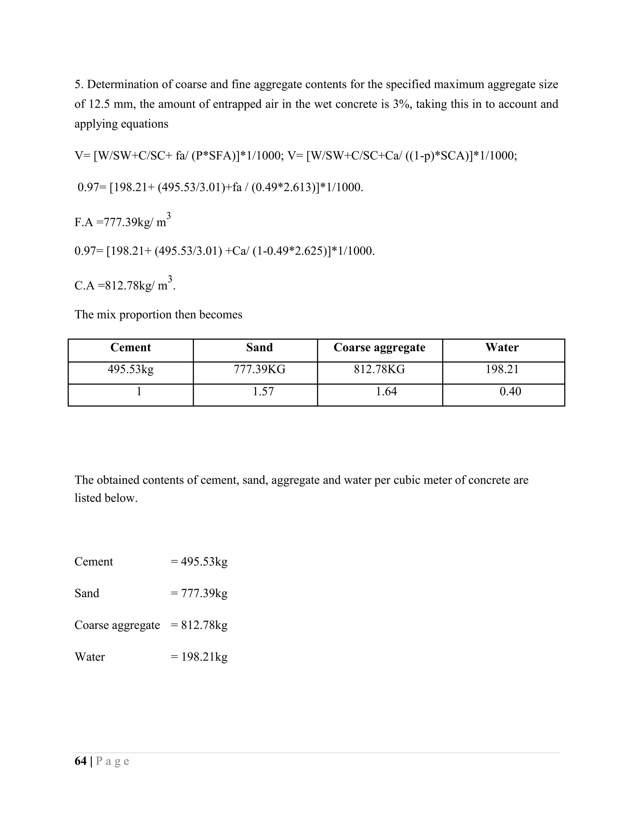 5. Determination of coarse and fine aggregate contents for the specified maximum aggregate size
of 12.5 mm, the amount of entrapped air in the wet concrete is 3%, taking this in to account and
applying equations
V= [W/SW+C/SC+ fa/ (P*SFA)]*1/1000; V= [W/SW+C/SC+Ca/ ((1-p)*SCA)]*1/1000;
0.97= [198.21+ (495.53/3.01)+fa / (0.49*2.613)]*1/1000.
F.A =777.39kg/ m
3
0.97= [198.21+ (495.53/3.01) +Ca/ (1-0.49*2.625)]*1/1000.
C.A =812.78kg/ m
3
.
The mix proportion then becomes
Cement Sand Coarse aggregate Water
495.53kg 777.39KG 812.78KG 198.21
1 1.57 1.64 0.40
The obtained contents of cement, sand, aggregate and water per cubic meter of concrete are
listed below.
Cement = 495.53kg
Sand = 777.39kg
Coarse aggregate = 812.78kg
Water = 198.21kg
64 | P a g e
 
