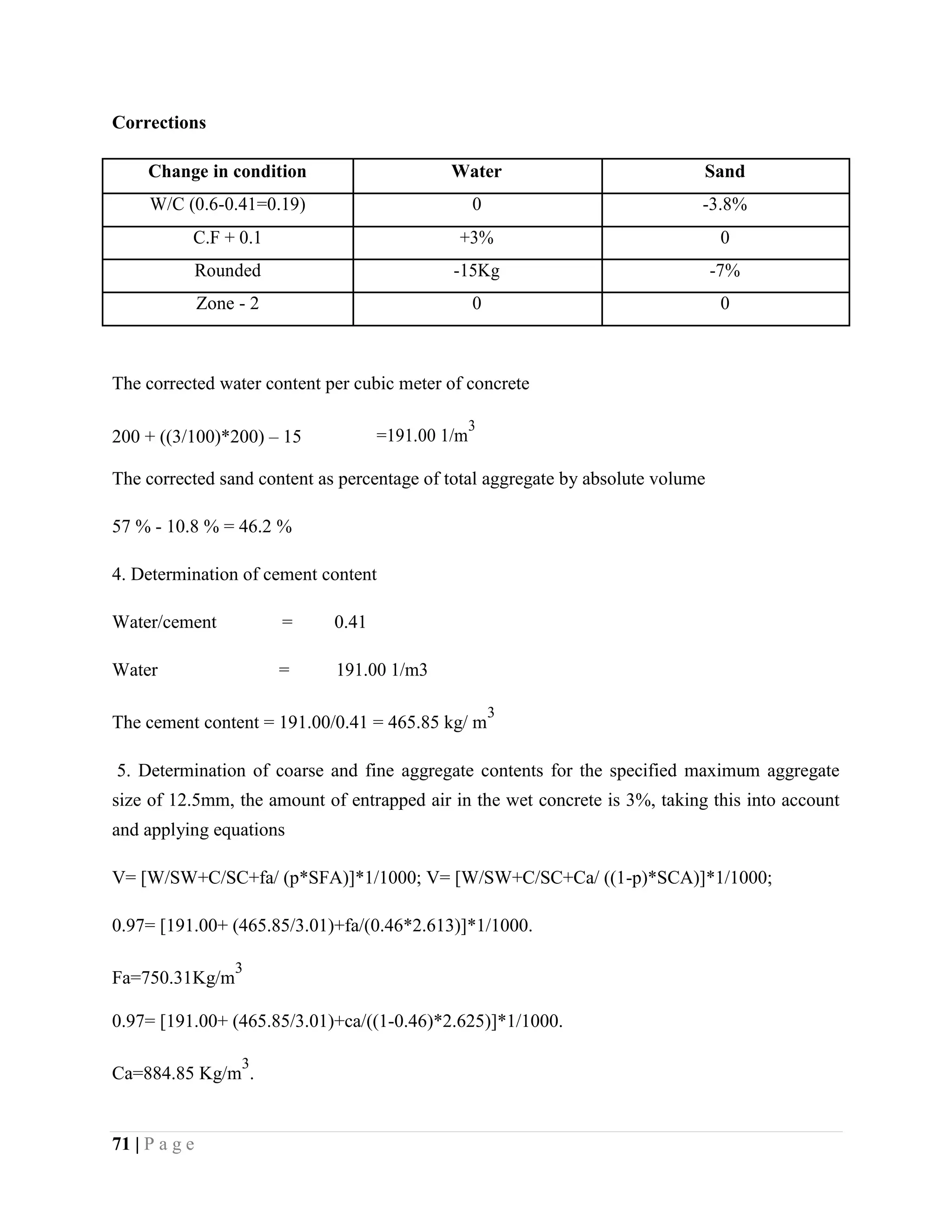 Corrections
Change in condition Water Sand
W/C (0.6-0.41=0.19) 0 -3.8%
C.F + 0.1 +3% 0
Rounded -15Kg -7%
Zone - 2 0 0
The corrected water content per cubic meter of concrete
200 + ((3/100)*200) – 15 =191.00 1/m
3
The corrected sand content as percentage of total aggregate by absolute volume
57 % - 10.8 % = 46.2 %
4. Determination of cement content
Water/cement = 0.41
Water = 191.00 1/m3
The cement content = 191.00/0.41 = 465.85 kg/ m
3
5. Determination of coarse and fine aggregate contents for the specified maximum aggregate
size of 12.5mm, the amount of entrapped air in the wet concrete is 3%, taking this into account
and applying equations
V= [W/SW+C/SC+fa/ (p*SFA)]*1/1000; V= [W/SW+C/SC+Ca/ ((1-p)*SCA)]*1/1000;
0.97= [191.00+ (465.85/3.01)+fa/(0.46*2.613)]*1/1000.
Fa=750.31Kg/m
3
0.97= [191.00+ (465.85/3.01)+ca/((1-0.46)*2.625)]*1/1000.
Ca=884.85 Kg/m
3
.
71 | P a g e
 