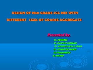 DESIGN OF M30 GRADE SCC MIX WITH
DIFFERENT SIZES OF COARSE AGGREGATE



                   Presented by
                      K. SURESH
                      P. PAVAN KUMAR
                      P. VENUGOPALA RAO
                     D. SAINATH BABU
                     G.PRASANTH
                     E. RAMU
 