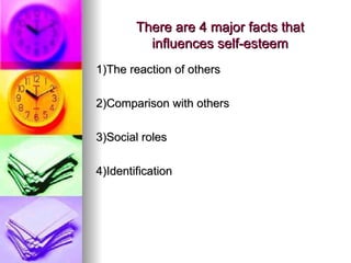 There are 4 major facts that influences self-esteem 1)The reaction of others 2)Comparison with others 3)Social roles 4)Identification 