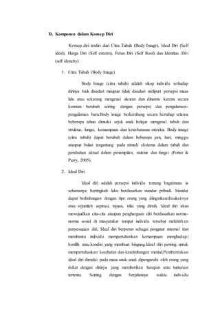 D. Komponen dalam Konsep Diri
Konsep diri terdiri dari Citra Tubuh (Body Image), Ideal Diri (Self
ideal), Harga Diri (Self esteem), Peran Diri (Self Rool) dan Identitas Diri
(self idencity).
1. Citra Tubuh (Body Image)
Body Image (citra tubuh) adalah sikap individu terhadap
dirinya baik disadari maupun tidak disadari meliputi persepsi masa
lalu atau sekarang mengenai ukuran dan dinamis karena secara
konstan berubah seiring dengan persepsi dan pengalaman-
pengalaman baru.Body image berkembang secara bertahap selama
beberapa tahun dimulai sejak anak belajar mengenal tubuh dan
struktur, fungsi, kemampuan dan keterbatasan mereka. Body image
(citra tubuh) dapat berubah dalam beberapa jam, hari, minggu
ataupun bulan tergantung pada stimuli eksterna dalam tubuh dan
perubahan aktual dalam penampilan, stuktur dan fungsi (Potter &
Perry, 2005).
2. Ideal Diri
Ideal diri adalah persepsi individu tentang bagaimana ia
seharusnya bertingkah laku berdasarkan standar pribadi. Standar
dapat berhubungan dengan tipe orang yang diinginkan/disukainya
atau sejumlah aspirasi, tujuan, nilai yang diraih. Ideal diri akan
mewujudkan cita-cita ataupun penghargaan diri berdasarkan norma-
norma sosial di masyarakat tempat individu tersebut melahirkan
penyesuaian diri. Ideal diri berperan sebagai pengatur internal dan
membantu individu mempertahankan kemampuan menghadapi
konflik atau kondisi yang membuat bingung.Ideal diri penting untuk
mempertahankan kesehatan dan keseimbangan mental.Pembentukan
ideal diri dimulai pada masa anak-anak dipengaruhi oleh orang yang
dekat dengan dirinya yang memberikan harapan atau tuntunan
tertentu. Seiring dengan berjalannya waktu individu
 