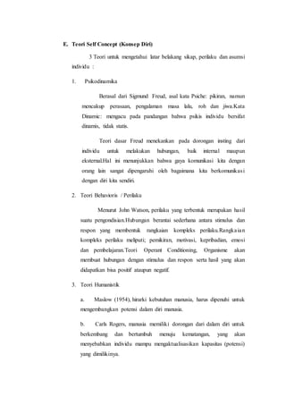 E. Teori Self Concept (Konsep Diri)
3 Teori untuk mengetahui latar belakang sikap, perilaku dan asumsi
individu :
1. Psikodinamika
Berasal dari Sigmund Freud, asal kata Psiche: pikiran, namun
mencakup perasaan, pengalaman masa lalu, roh dan jiwa.Kata
Dinamic: mengacu pada pandangan bahwa psikis individu bersifat
dinamis, tidak statis.
Teori dasar Freud menekankan pada dorongan insting dari
individu untuk melakukan hubungan, baik internal maupun
eksternal.Hal ini menunjukkan bahwa gaya komunikasi kita dengan
orang lain sangat dipengaruhi oleh bagaimana kita berkomunikasi
dengan diri kita sendiri.
2. Teori Behavioris / Perilaku
Menurut John Watson, perilaku yang terbentuk merupakan hasil
suatu pengondisian.Hubungan berantai sederhana antara stimulus dan
respon yang membentuk rangkaian kompleks perilaku.Rangkaian
kompleks perilaku meliputi; pemikiran, motivasi, kepribadian, emosi
dan pembelajaran.Teori Operant Conditioning, Organisme akan
membuat hubungan dengan stimulus dan respon serta hasil yang akan
didapatkan bisa positif ataupun negatif.
3. Teori Humanistik
a. Maslow (1954), hirarki kebutuhan manusia, harus dipenuhi untuk
mengembangkan potensi dalam diri manusia.
b. Carls Rogers, manusia memiliki dorongan dari dalam diri untuk
berkembang dan bertumbuh menuju kematangan, yang akan
menyebabkan individu mampu mengaktualisasikan kapasitas (potensi)
yang dimilikinya.
 