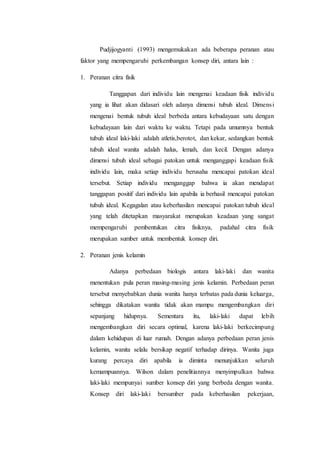 Pudjijogyanti (1993) mengemukakan ada beberapa peranan atau
faktor yang mempengaruhi perkembangan konsep diri, antara lain :
1. Peranan citra fisik
Tanggapan dari individu lain mengenai keadaan fisik individu
yang ia lihat akan didasari oleh adanya dimensi tubuh ideal. Dimensi
mengenai bentuk tubuh ideal berbeda antara kebudayaan satu dengan
kebudayaan lain dari waktu ke waktu. Tetapi pada umumnya bentuk
tubuh ideal laki-laki adalah atletis,berotot, dan kekar, sedangkan bentuk
tubuh ideal wanita adalah halus, lemah, dan kecil. Dengan adanya
dimensi tubuh ideal sebagai patokan untuk menganggapi keadaan fisik
individu lain, maka setiap individu berusaha mencapai patokan ideal
tersebut. Setiap individu menganggap bahwa ia akan mendapat
tanggapan positif dari individu lain apabila ia berhasil mencapai patokan
tubuh ideal. Kegagalan atau keberhasilan mencapai patokan tubuh ideal
yang telah ditetapkan masyarakat merupakan keadaan yang sangat
mempengaruhi pembentukan citra fisiknya, padahal citra fisik
merupakan sumber untuk membentuk konsep diri.
2. Peranan jenis kelamin
Adanya perbedaan biologis antara laki-laki dan wanita
menentukan pula peran masing-masing jenis kelamin. Perbedaan peran
tersebut menyebabkan dunia wanita hanya terbatas pada dunia keluarga,
sehingga dikatakan wanita tidak akan mampu mengembangkan diri
sepanjang hidupnya. Sementara itu, laki-laki dapat lebih
mengembangkan diri secara optimal, karena laki-laki berkecimpung
dalam kehidupan di luar rumah. Dengan adanya perbedaan peran jenis
kelamin, wanita selalu bersikap negatif terhadap dirinya. Wanita juga
kurang percaya diri apabila ia diminta menunjukkan seluruh
kemampuannya. Wilson dalam penelitiannya menyimpulkan bahwa
laki-laki mempunyai sumber konsep diri yang berbeda dengan wanita.
Konsep diri laki-laki bersumber pada keberhasilan pekerjaan,
 