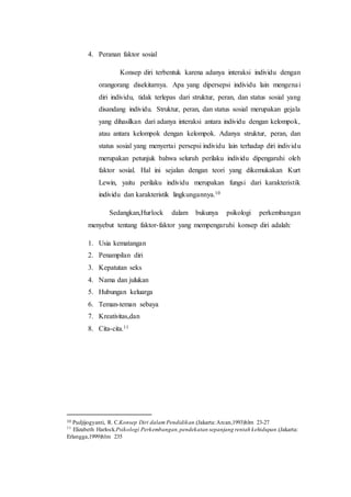 4. Peranan faktor sosial
Konsep diri terbentuk karena adanya interaksi individu dengan
orangorang disekitarnya. Apa yang dipersepsi individu lain mengenai
diri individu, tidak terlepas dari struktur, peran, dan status sosial yang
disandang individu. Struktur, peran, dan status sosial merupakan gejala
yang dihasilkan dari adanya interaksi antara individu dengan kelompok,
atau antara kelompok dengan kelompok. Adanya struktur, peran, dan
status sosial yang menyertai persepsi individu lain terhadap diri individu
merupakan petunjuk bahwa seluruh perilaku individu dipengaruhi oleh
faktor sosial. Hal ini sejalan dengan teori yang dikemukakan Kurt
Lewin, yaitu perilaku individu merupakan fungsi dari karakteristik
individu dan karakteristik lingkungannya.10
Sedangkan,Hurlock dalam bukunya psikologi perkembangan
menyebut tentang faktor-faktor yang mempengaruhi konsep diri adalah:
1. Usia kematangan
2. Penampilan diri
3. Kepatutan seks
4. Nama dan julukan
5. Hubungan keluarga
6. Teman-teman sebaya
7. Kreativitas,dan
8. Cita-cita.11
10 Pudjijogyanti, R. C.Konsep Diri dalam Pendidikan.(Jakarta:Arcan,1993)hlm 23-27
11
Elizabeth Harlock.Psikologi Perkembangan,pendekatan sepanjang rentah kehidupan.(Jakarta:
Erlangga,1999)hlm 235
 