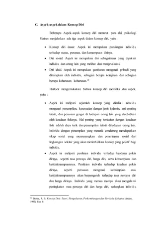 C. Aspek-aspek dalam Konsep Diri
Beberapa Aspek-aspek konsep diri menurut para ahli psikologi
Staines menjelaskan ada tiga aspek dalam konsep diri, yaitu :
 Konsep diri dasar. Aspek ini merupakan pandangan individu
terhadap status, peranan, dan kemampuan dirinya.
 Diri sosial. Aspek ini merupakan diri sebagaimana yang diyakini
individu dan orang lain yang melihat dan mengevaluasi.
 Diri ideal. Aspek ini merupakan gambaran mengenai pribadi yang
diharapkan oleh individu, sebagian berupa keinginan dan sebagian
berupa keharusan- keharusan.12
Hurlock mengemukakan bahwa konsep diri memiliki dua aspek,
yaitu :
 Aspek ini meliputi sejumlah konsep yang dimiliki individu
mengenai penampilan, kesesuaian dengan jenis kelamin, arti penting
tubuh, dan perasaan gengsi di hadapan orang lain yang disebabkan
oleh keadaan fisiknya. Hal penting yang berkaitan dengan keadaan
fisik adalah daya tarik dan penampilan tubuh dihadapan orang lain.
Individu dengan penampilan yang menarik cenderung mendapatkan
sikap sosial yang menyenangkan dan penerimaan sosial dari
lingkungan sekitar yang akan menimbulkan konsep yang positif bagi
individu.
 Aspek ini meliputi penilaian individu terhadap keadaan psikis
dirinya, seperti rasa percaya diri, harga diri, serta kemampuan dan
ketidakmampuannya. Penilaian individu terhadap keadaan psikis
dirinya, seperti perasaan mengenai kemampuan atau
ketidakmampuannya akan berpengaruh terhadap rasa percaya diri
dan harga dirinya. Individu yang merasa mampu akan mengalami
peningkatan rasa percaya diri dan harga diri, sedangkan individu
12 Burns, R. B. Konsep Diri: Teori, Pengukuran,Perkembangan dan Perilaku.(Jakarta: Arcan,
1993) hlm 81
 