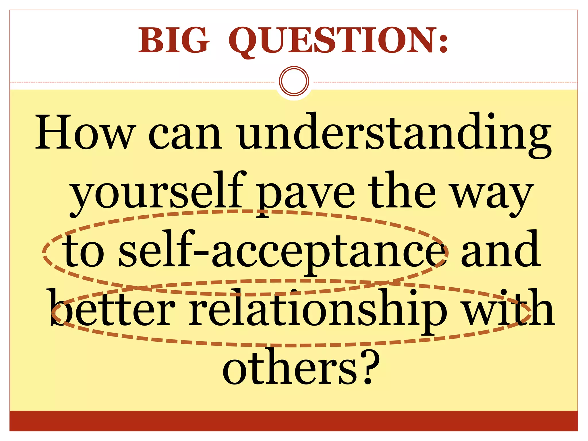 BIG QUESTION:
How can understanding
yourself pave the way
to self-acceptance and
better relationship with
others?