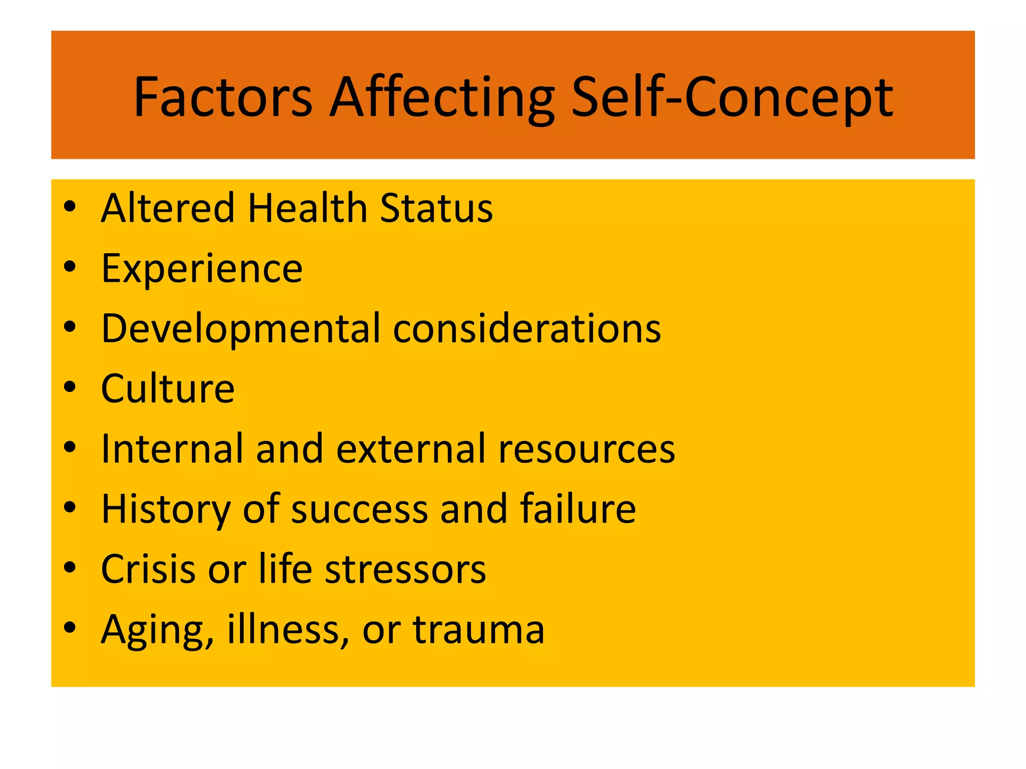 Factors Affecting Self-Concept
• Altered Health Status
• Experience
• Developmental considerations
• Culture
• Internal and external resources
• History of success and failure
• Crisis or life stressors
• Aging, illness, or trauma
 