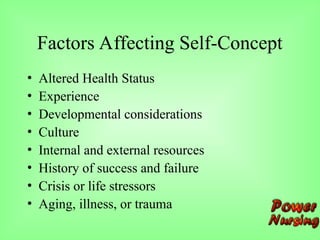 Factors Affecting Self-Concept
• Altered Health Status
• Experience
• Developmental considerations
• Culture
• Internal and external resources
• History of success and failure
• Crisis or life stressors
• Aging, illness, or trauma
 