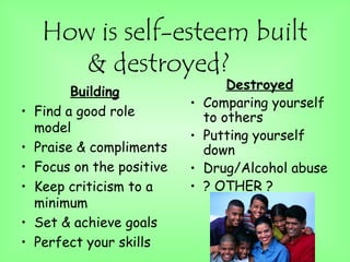 How is self-esteem built
& destroyed?
Building
• Find a good role
model
• Praise & compliments
• Focus on the positive
• Keep criticism to a
minimum
• Set & achieve goals
• Perfect your skills
Destroyed
• Comparing yourself
to others
• Putting yourself
down
• Drug/Alcohol abuse
• ? OTHER ?
 