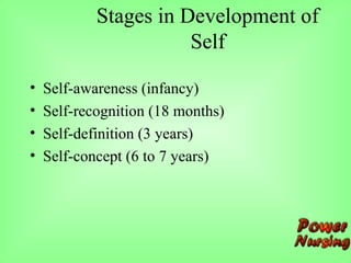 Stages in Development of
Self
• Self-awareness (infancy)
• Self-recognition (18 months)
• Self-definition (3 years)
• Self-concept (6 to 7 years)
 