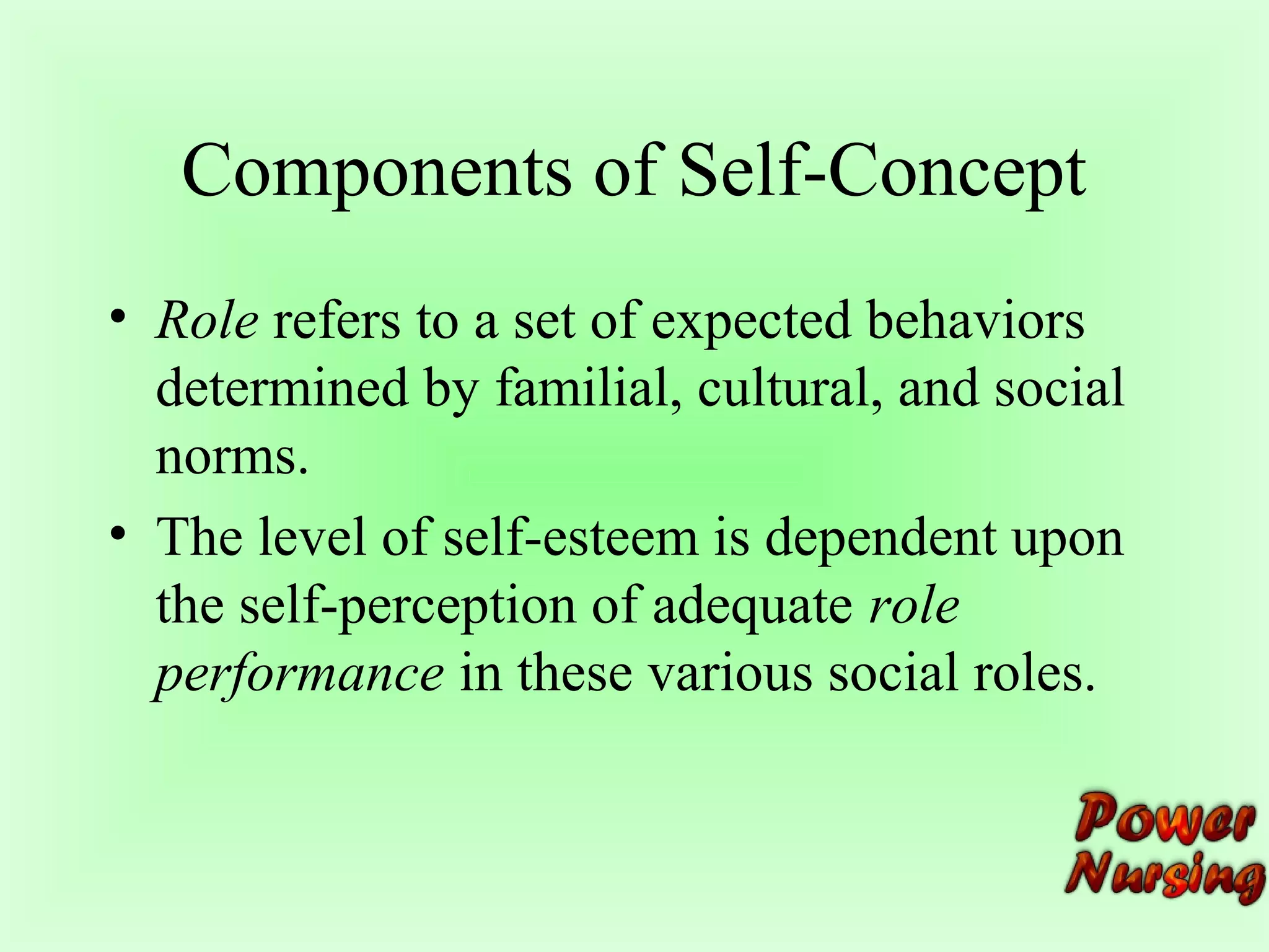 Components of Self-Concept 
• Role refers to a set of expected behaviors 
determined by familial, cultural, and social 
norms. 
• The level of self-esteem is dependent upon 
the self-perception of adequate role 
performance in these various social roles. 
 