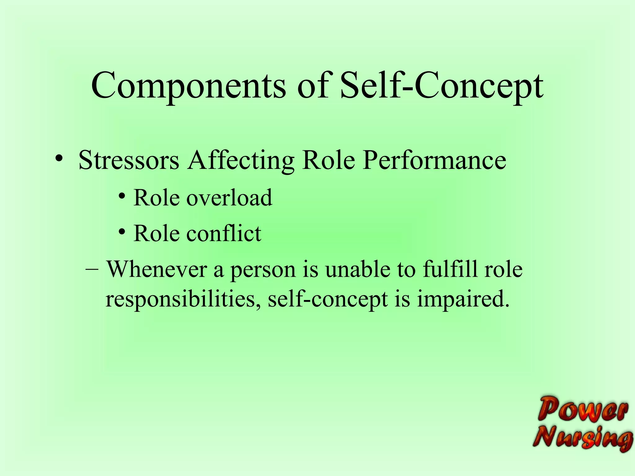 Components of Self-Concept 
• Stressors Affecting Role Performance 
• Role overload 
• Role conflict 
– Whenever a person is unable to fulfill role 
responsibilities, self-concept is impaired. 
 