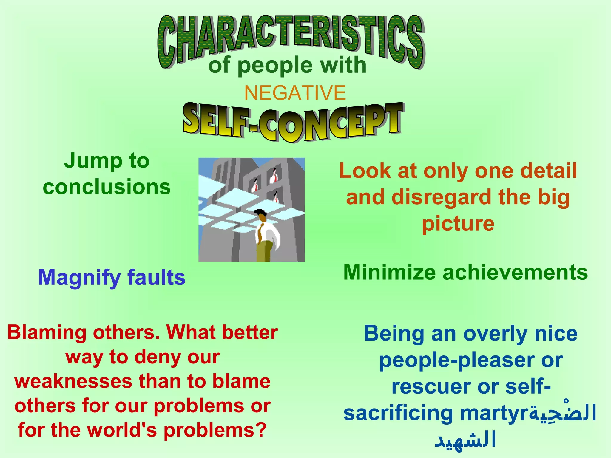 of people with 
NEGATIVE 
Blaming others. What better 
way to deny our 
weaknesses than to blame 
others for our problems or 
for the world's problems? 
Being an overly nice 
people-pleaser or 
rescuer or self-sacrificing 
martyr ا لضْحِية 
الشهيد 
Jump to 
conclusions 
Look at only one detail 
and disregard the big 
picture 
Magnify faults Minimize achievements 
 