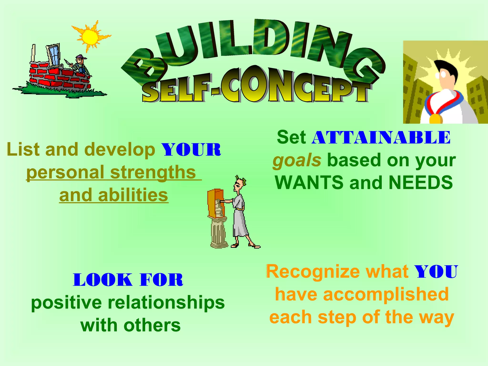 Set ATTAINABLE 
goals based on your 
WANTS and NEEDS 
Recognize what YOU 
have accomplished 
each step of the way 
List and develop YOUR 
personal strengths 
and abilities 
LOOK FOR 
positive relationships 
with others 
 