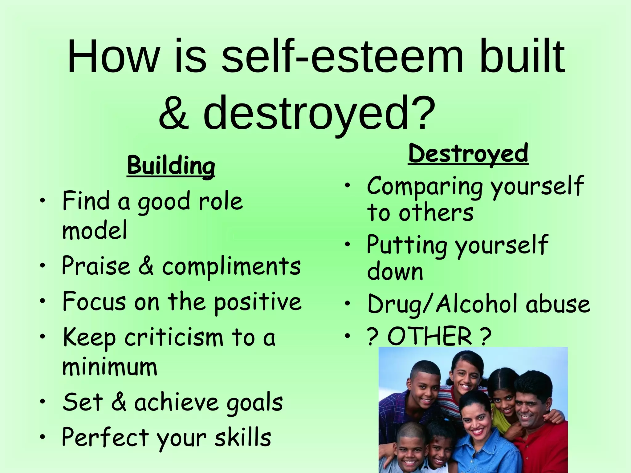 How is self-esteem built 
& destroyed? 
Building 
• Find a good role 
model 
• Praise & compliments 
• Focus on the positive 
• Keep criticism to a 
minimum 
• Set & achieve goals 
• Perfect your skills 
Destroyed 
• Comparing yourself 
to others 
• Putting yourself 
down 
• Drug/Alcohol abuse 
• ? OTHER ? 
 