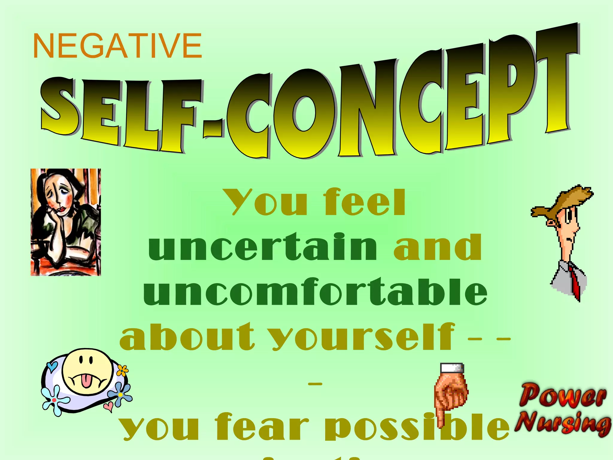 You feel 
uncertain and 
uncomfortable 
about yourself - - 
- 
you fear possible 
rejection 
NEGATIVE 
 