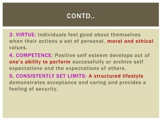 3. VIRTUE: Individuals feel good about themselves
when their actions a set of personal, moral and ethical
values.
4. COMPETENCE: Positive self esteem develops out of
one’s ability to perform successfully or archive self
expectations and the expectations of others.
5. CONSISTENTLY SET LIMITS: A structured lifestyle
demonstrates acceptance and caring and provides a
feeling of security.
CONTD..
 