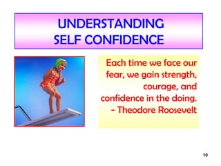 10
UNDERSTANDING
SELF CONFIDENCE
Each time we face our
fear, we gain strength,
courage, and
confidence in the doing.
- Theodore Roosevelt
 