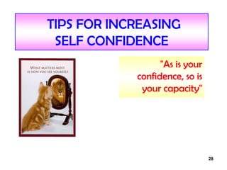 28
TIPS FOR INCREASING
SELF CONFIDENCE
"As is your
confidence, so is
your capacity"
 