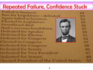 Repeated Failure, Confidence Stuck
Abraham Lincoln had two
business ventures fail, lost 8
different elections and had a
complete nervous breakdown
before becoming president in
1816.
3
 