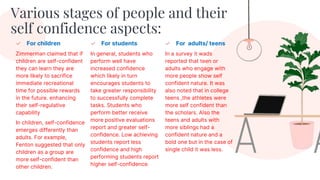 Various stages of people and their
self confidence aspects:
✓ For children
Zimmerman claimed that if
children are self-confident
they can learn they are
more likely to sacrifice
immediate recreational
time for possible rewards
in the future. enhancing
their self-regulative
capability
In children, self-confidence
emerges differently than
adults. For example,
Fenton suggested that only
children as a group are
more self-confident than
other children.
✓ For students
In general, students who
perform well have
increased confidence
which likely in turn
encourages students to
take greater responsibility
to successfully complete
tasks. Students who
perform better receive
more positive evaluations
report and greater self-
confidence. Low achieving
students report less
confidence and high
performing students report
higher self-confidence.
✓ For adults/ teens
In a survey it wads
reported that teen or
adults who engage with
more people show self
confident nature. It was
also noted that in college
teens ,the athletes were
more self confident than
the scholars. Also the
teens and adults with
more siblings had a
confident nature and a
bold one but in the case of
single child it was less.
 
