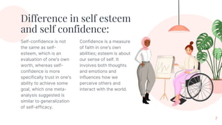Difference in self esteem
and self confidence:
Self-confidence is not
the same as self-
esteem, which is an
evaluation of one's own
worth, whereas self-
confidence is more
specifically trust in one's
ability to achieve some
goal, which one meta-
analysis suggested is
similar to generalization
of self-efficacy.
Confidence is a measure
of faith in one's own
abilities; esteem is about
our sense of self. It
involves both thoughts
and emotions and
influences how we
perceive others and
interact with the world.
7
 