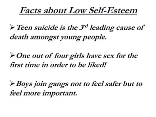 Facts about Low Self-Esteem
Teen suicide is the 3rd leading cause of
death amongst young people.
One out of four girls have sex for the
first time in order to be liked!
Boys join gangs not to feel safer but to
feel more important.
 