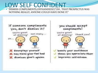 LOW SELF CONFIDENT DISMISS COMPLIMENTS,OFFHANDEDLY,”OH , THAT PROSPECTUS WAS
NOTHING REALLY, ANYONE COULD HAVE DONE IT.”
 