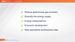 Reduce greenhouse gas emission
Diversify the energy supply
Energy independence
Economic development
New specialized professional roles
Self consumption
 