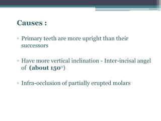 Causes :
▫ Primary teeth are more upright than their
successors
▫ Have more vertical inclination - Inter-incisal angel
of (about 1500)
▫ Infra-occlusion of partially erupted molars
 