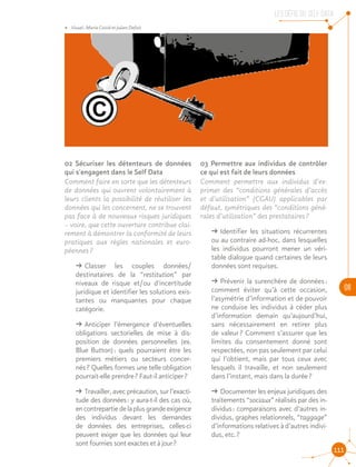 LES DEFIS DU SELF DATA
06
111
02 Sécuriser les détenteurs de données
qui s'engagent dans le Self Data
Comment faire en sorte que les détenteurs
de données qui ouvrent volontairement à
leurs clients la possibilité de réutiliser les
données qui les concernent, ne se trouvent
pas face à de nouveaux risques juridiques
– voire, que cette ouverture contribue clai-
rement à démontrer la conformité de leurs
pratiques aux règles nationales et euro-
péennes ?
ǘǘ Classer les couples données/­
destinataires de la “restitution” par
niveaux de risque et/ou d'incertitude
juridique et identifier les solutions exis-
tantes ou manquantes pour chaque
catégorie.
ǘǘ Anticiper l’émergence d’éventuelles
obligations sectorielles de mise à dis-
position de données personnelles (ex.
Blue Button) : quels pourraient être les
premiers métiers ou secteurs concer-
nés ? Quelles formes une telle obligation
pourrait-elle prendre ? Faut-il anticiper ?
ǘǘ Travailler, avec précaution, sur l’exacti-
tude des données : y aura-t-il des cas où,
encontrepartiedelaplusgrandeexigence
des individus devant les demandes
de données des entreprises, celles-ci
peuvent exiger que les données qui leur
sont fournies sont exactes et à jour ?
03 Permettre aux individus de contrôler
ce qui est fait de leurs données
Comment permettre aux individus d’ex-
primer des “conditions générales d’accès
et d’utilisation” (CGAU) applicables par
défaut, symétriques des “conditions géné-
rales d’utilisation” des prestataires ?
ǘǘ Identifier les situations récurrentes
ou au contraire ad-hoc, dans lesquelles
les individus pourront mener un véri-
table dialogue quand certaines de leurs
données sont requises.
ǘǘ Prévenir la surenchère de données :
comment éviter qu’à cette occasion,
l’asymétrie d’information et de pouvoir
ne conduise les individus à céder plus
d’information demain qu’aujourd’hui,
sans nécessairement en retirer plus
de valeur ? Comment s’assurer que les
limites du consentement donné sont
respectées, non pas seulement par celui
qui l’obtient, mais par tous ceux avec
lesquels il travaille, et non seulement
dans l’instant, mais dans la durée ?
ǘǘ Documenter les enjeux juridiques des
traitements “sociaux” réalisés par des in-
dividus : comparaisons avec d’autres in-
dividus, graphes relationnels, “taggage”
d’informations relatives à d’autres indivi-
dus, etc. ?
©
DATA•• Visuel : Marie Coirié et Julien Defait
 