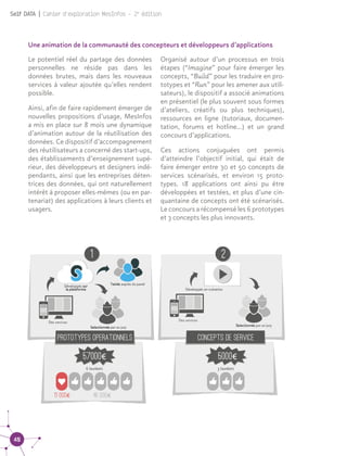 40
Self DATA | Cahier d'exploration MesInfos - 2e
édition
Le potentiel réel du partage des données
personnelles ne réside pas dans les
données brutes, mais dans les nouveaux
services à valeur ajoutée qu’elles rendent
possible.
Ainsi, afin de faire rapidement émerger de
nouvelles propositions d’usage, MesInfos
a mis en place sur 8 mois une dynamique
d’animation autour de la réutilisation des
données. Ce dispositif d’accompagnement
des réutilisateurs a concerné des start-ups,
des établissements d’enseignement supé-
rieur, des développeurs et designers indé-
pendants, ainsi que les entreprises déten-
trices des données, qui ont naturellement
intérêt à proposer elles-mêmes (ou en par-
tenariat) des applications à leurs clients et
usagers.
Une animation de la communauté des concepteurs et développeurs d’applications
Organisé autour d’un processus en trois
étapes (“Imagine” pour faire émerger les
concepts, “Build” pour les traduire en pro-
totypes et “Run” pour les amener aux utili-
sateurs), le dispositif a associé animations
en présentiel (le plus souvent sous formes
d’ateliers, créatifs ou plus techniques),
ressources en ligne (tutoriaux, documen-
tation, forums et hotline…) et un grand
concours d’applications.
Ces actions conjuguées ont permis
d’atteindre l’objectif initial, qui était de
faire émerger entre 30 et 50 concepts de
services scénarisés, et environ 15 proto-
types. 18 applications ont ainsi pu être
développées et testées, et plus d’une cin-
quantaine de concepts ont été scénarisés.
Le concours a récompensé les 6 prototypes
et 3 concepts les plus innovants.
 