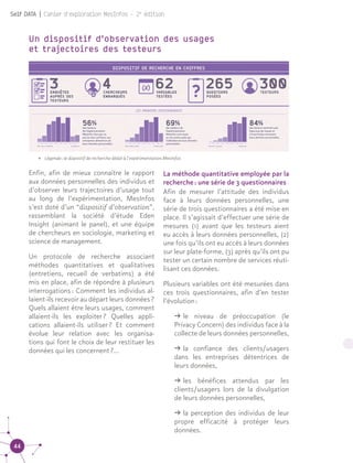 44
Self DATA | Cahier d'exploration MesInfos - 2e
édition
Un dispositif d’observation des usages 			
et trajectoires des testeurs
Enfin, afin de mieux connaître le rapport
aux données personnelles des individus et
d’observer leurs trajectoires d’usage tout
au long de l’expérimentation, MesInfos
s’est doté d’un “dispositif d’observation”,
rassemblant la société d’étude Eden
Insight (animant le panel), et une équipe
de chercheurs en sociologie, marketing et
science de management.
Un protocole de recherche associant
méthodes quantitatives et qualitatives
(entretiens, recueil de verbatims) a été
mis en place, afin de répondre à plusieurs
interrogations : Comment les individus al-
laient-ils recevoir au départ leurs données ?
Quels allaient être leurs usages, comment
allaient-ils les exploiter ? Quelles appli-
cations allaient-ils utiliser ? Et comment
évolue leur relation avec les organisa-
tions qui font le choix de leur restituer les
données qui les concernent ?...
•	 Légende : le dispostif de recherche dédié à l’expérimentation MesInfos
La méthode quantitative employée par la
recherche : une série de 3 questionnaires
Afin de mesurer l’attitude des individus
face à leurs données personnelles, une
série de trois questionnaires a été mise en
place. Il s’agissait d’effectuer une série de
mesures (1) avant que les testeurs aient
eu accès à leurs données personnelles, (2)
une fois qu’ils ont eu accès à leurs données
sur leur plate-forme, (3) après qu’ils ont pu
tester un certain nombre de services réuti-
lisant ces données.
Plusieurs variables ont été mesurées dans
ces trois questionnaires, afin d’en tester
l’évolution :
ǘǘ le niveau de préoccupation (le
Privacy Concern) des individus face à la
collecte de leurs données personnelles,
ǘǘ la confiance des clients/usagers
dans les entreprises détentrices de
leurs données,
ǘǘ les bénéfices attendus par les
clients/usagers lors de la divulgation
de leurs données personnelles,
ǘǘ la perception des individus de leur
propre efficacité à protéger leurs
données.
 