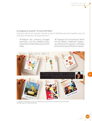LES DEFIS DU SELF DATA
06
103
02­Imaginer et raconter “la vie en Self Data"
Comment décrire de manière concrète ce que le Self Data pourrait signifier, pour les
individus comme pour les organisations ?
•	 Légende : une illustration de la vie en Self Data vue par le projet TALI, lauréat du Concours MesInfos
(Nathalie Signoret & Ryslaine Moulay)
ǘǘ Elaborer des scénarios d'usages
diversifiés, à la fois crédibles écono-
miquement et désirables pour les indi-
vidus.
ǘǘ S'appuyer sur ce travail pour identi-
fier les métiers, médiations, étapes...
qui jalonneront le parcours utilisateur
et le rendront plus efficient et naturel.
 