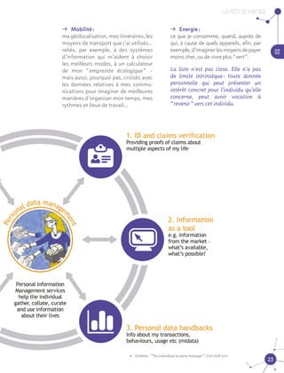 La piste du partage
02
23
ǚǚ Mobilité :
ma géolocalisation, mes itinéraires, les
moyens de transport que j’ai utilisés…
reliés, par exemple, à des systèmes
d’information qui m’aident à choisir
les meilleurs modes, à un calculateur
de mon “ empreinte écologique ” –
mais aussi, pourquoi pas, croisés avec
les données relatives à mes commu-
nications pour imaginer de meilleures
manières d’organiser mon temps, mes
rythmes et lieux de travail…
ǚǚ Energie :
ce que je consomme, quand, auprès de
qui, à cause de quels appareils, afin, par
exemple,d’imaginerlesmoyensdepayer
moins cher, ou de vivre plus “ vert ”.
La liste n’est pas close. Elle n’a pas
de limite intrinsèque : toute donnée
personnelle qui peut présenter un
intérêt concret pour l’individu qu’elle
concerne, peut avoir vocation à
“ revenir ” vers cet individu.
•	 Schéma : “ The individual as data manager ”, Ctrl-shift 2011
 
