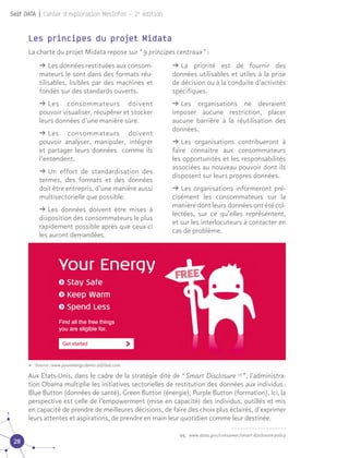 28
Self DATA | Cahier d'exploration MesInfos - 2e
édition
Les principes du projet Midata
La charte du projet Midata repose sur “ 9 principes centraux ” :
ǘǘ Les données restituées aux consom-
mateurs le sont dans des formats réu-
tilisables, lisibles par des machines et
fondés sur des standards ouverts.
ǘǘ Les consommateurs doivent
pouvoir visualiser, récupérer et stocker
leurs données d’une manière sûre.
ǘǘ Les consommateurs doivent
pouvoir analyser, manipuler, intégrer
et partager leurs données  comme ils
l’entendent.
ǘǘ Un effort de standardisation des
termes, des formats et des données
doit être entrepris, d’une manière aussi
multisectorielle que possible.
ǘǘ Les données doivent être mises à
disposition des consommateurs le plus
rapidement possible après que ceux-ci
les auront demandées.
ǘǘ La priorité est de fournir des
données utilisables et utiles à la prise
de décision ou à la conduite d’activités
spécifiques.
ǘǘ Les organisations ne devraient
imposer aucune restriction, placer
aucune barrière à la réutilisation des
données.
ǘǘ Les organisations contribueront à
faire connaître aux consommateurs
les opportunités et les responsabilités
associées au nouveau pouvoir dont ils
disposent sur leurs propres données.
ǘǘ Les organisations informeront pré-
cisément les consommateurs sur la
manière dont leurs données ont été col-
lectées, sur ce qu’elles représentent,
et sur les interlocuteurs à contacter en
cas de problème.
Aux Etats-Unis, dans le cadre de la stratégie dite de “ Smart Disclosure 05
 ”, l’administra-
tion Obama multiplie les initiatives sectorielles de restitution des données aux individus :
Blue Button (données de santé), Green Button (énergie), Purple Button (formation). Ici, la
perspective est celle de l’empowerment (mise en capacité) des individus, outillés et mis
en capacité de prendre de meilleures décisions, de faire des choix plus éclairés, d’exprimer
leurs attentes et aspirations, de prendre en main leur quotidien comme leur destinée. 05
05.	 www.data.gov/consumer/smart-disclosure-policy
•• Source : www.yourenergy.demo.allfiled.com
 