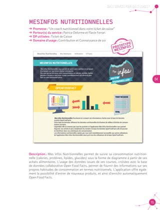 QUELS SERVICES, POUR QUELS USAGES ?
04
71
MESINFOS NUTRITIONNELLES
ǘǘ Promesse : “Un coach nutritionnel dans votre ticket de caisse”
ǘǘ Porteur(s) du service : Patrice Delorme et Flavie Ferrari
ǘǘ DP utilisées : Ticket de Caisse
ǘǘ Domaine d’usage : Contribution et Connaissance de soi
Description : Mes Infos Nutritionnelles permet de suivre sa consommation nutrition-
nelle (calories, protéines, lipides, glucides) sous la forme de diagramme à partir de ses
achats alimentaires. L’usage des données issues de ses courses, croisées avec la base
de données collaborative Open Food Facts, permet de fournir des informations sur ses
propres habitudes de consommation en termes nutritionnels. L’application offre égale-
ment la possibilité d’entrer de nouveaux produits, et ainsi d’enrichir automatiquement
Open Food Facts.
 