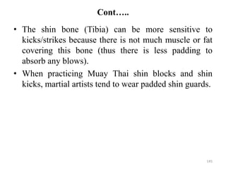 Cont…..
• The shin bone (Tibia) can be more sensitive to
kicks/strikes because there is not much muscle or fat
covering this bone (thus there is less padding to
absorb any blows).
• When practicing Muay Thai shin blocks and shin
kicks, martial artists tend to wear padded shin guards.
145
 
