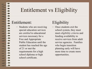 Entitlement vs Eligibility

Entitlement:                      Eligibility
  – Students who are receiving    – Once students exit the
    special education services      school system, they must
    are entitled to educational     meet eligibility criteria and
    services necessary for a        funding availability to
    Free and Appropriate            receive services from adult
    Public Education until the      service agencies. Families
    student has reached the age     who begin transition
    of 21 or met the                planning early will have
    requirements for a high         more time to create more
    school diploma or high          opportunities.
    school certificate.
 