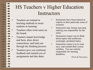 HS Teachers v Higher Education
             Instructors
•   Teachers are trained in         •   Instructors have been trained as
    teaching methods to assist          experts in their particular areas of
                                        research.
    students in learning.           •   Instructors may lecture non-stop
•   Teachers often write notes on       making you responsible for the
    the board.                          notes.
•                                   •   Instructors expect you to think
    Teachers impart knowledge
                                        about topics and synthesize
    and facts, draw direct              seemingly unrelated topics.
    connections, and lead you       •   Instructors expect you to read,
    through the thinking process.       save, and consult their course
•   Teachers give you continual         syllabus. You are entirely
                                        responsible for meeting
    feedback and remind you of          deadlines.
    assignments and due dates.                           Flock & Florentine
 