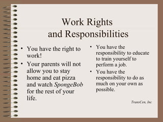 Work Rights
          and Responsibilities
• You have the right to   • You have the
                            responsibility to educate
  work!                     to train yourself to
• Your parents will not     perform a job.
  allow you to stay       • You have the
  home and eat pizza        responsibility to do as
  and watch SpongeBob       much on your own as
  for the rest of your      possible.
  life.                                     TransCen, Inc
 