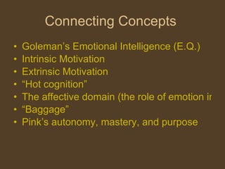 Connecting Concepts  Goleman’s  Emotional Intelligence (E.Q.) Intrinsic Motivation Extrinsic Motivation “Hot cognition”  The affective domain (the role of emotion in learning  “Baggage”  Pink’s autonomy, mastery, and purpose 