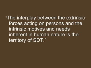 “ The interplay between the extrinsic forces acting on persons and the intrinsic motives and needs inherent in human nature is the territory of SDT.” 