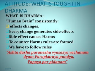 ATTITUDE: WHAT IS TOUGHT IN
DHARMA
WHAT IS DHARMA:
“Human Brain” consistently:
 effects changes,
Every change generates side effects
Side effect causes Harms
To counter Harms rules are framed
We have to follow rules
“Ashta dasha puraneshu vyasasya vachanam
dyam,Paropkaraya pundya,
Papaya par pidanam”
3/14/2016 11
 
