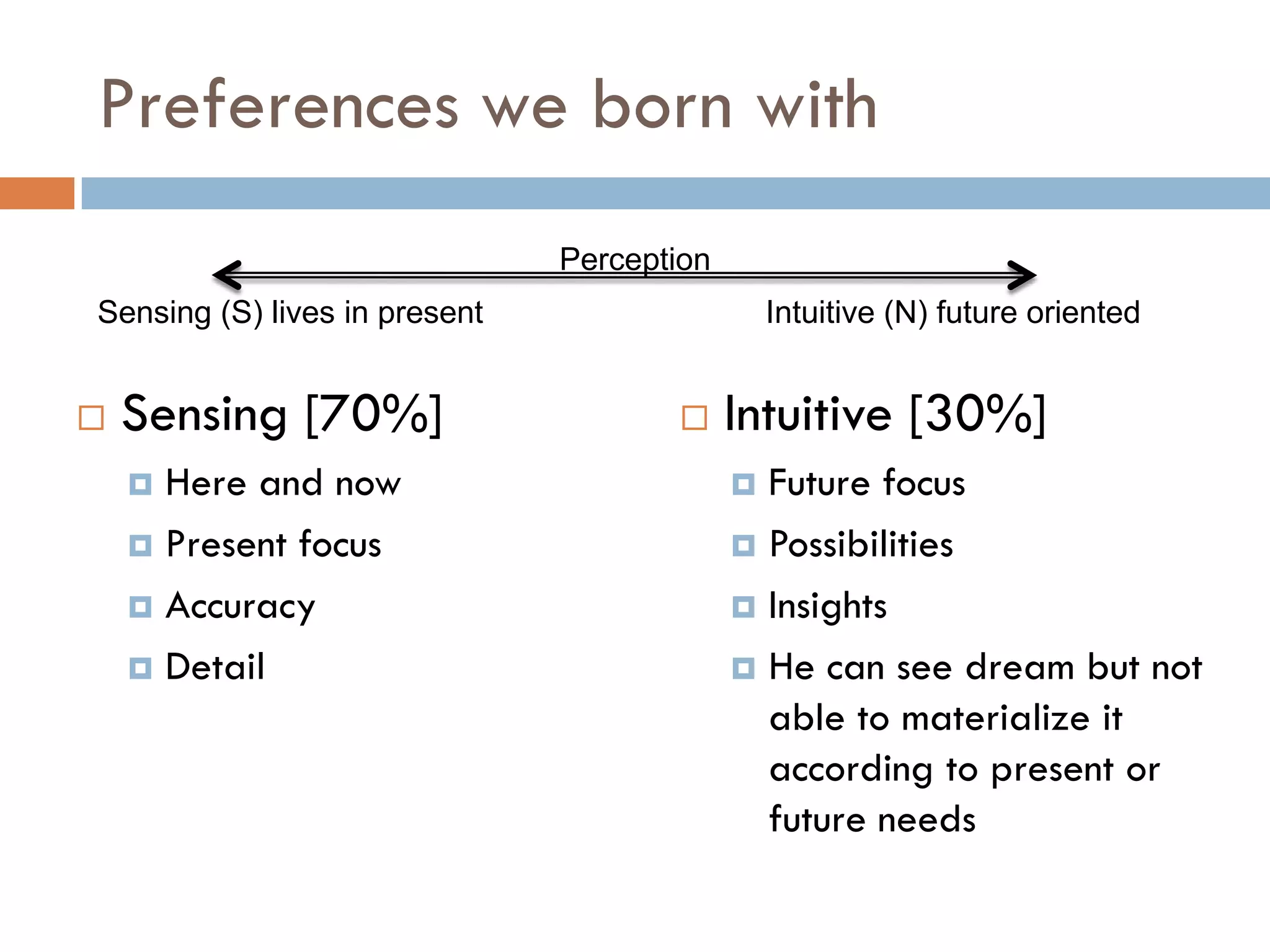 Preferences we born with
 Sensing [70%]
 Here and now
 Present focus
 Accuracy
 Detail
Perception
Sensing (S) lives in present Intuitive (N) future oriented
 Intuitive [30%]
 Future focus
 Possibilities
 Insights
 He can see dream but not
able to materialize it
according to present or
future needs
 