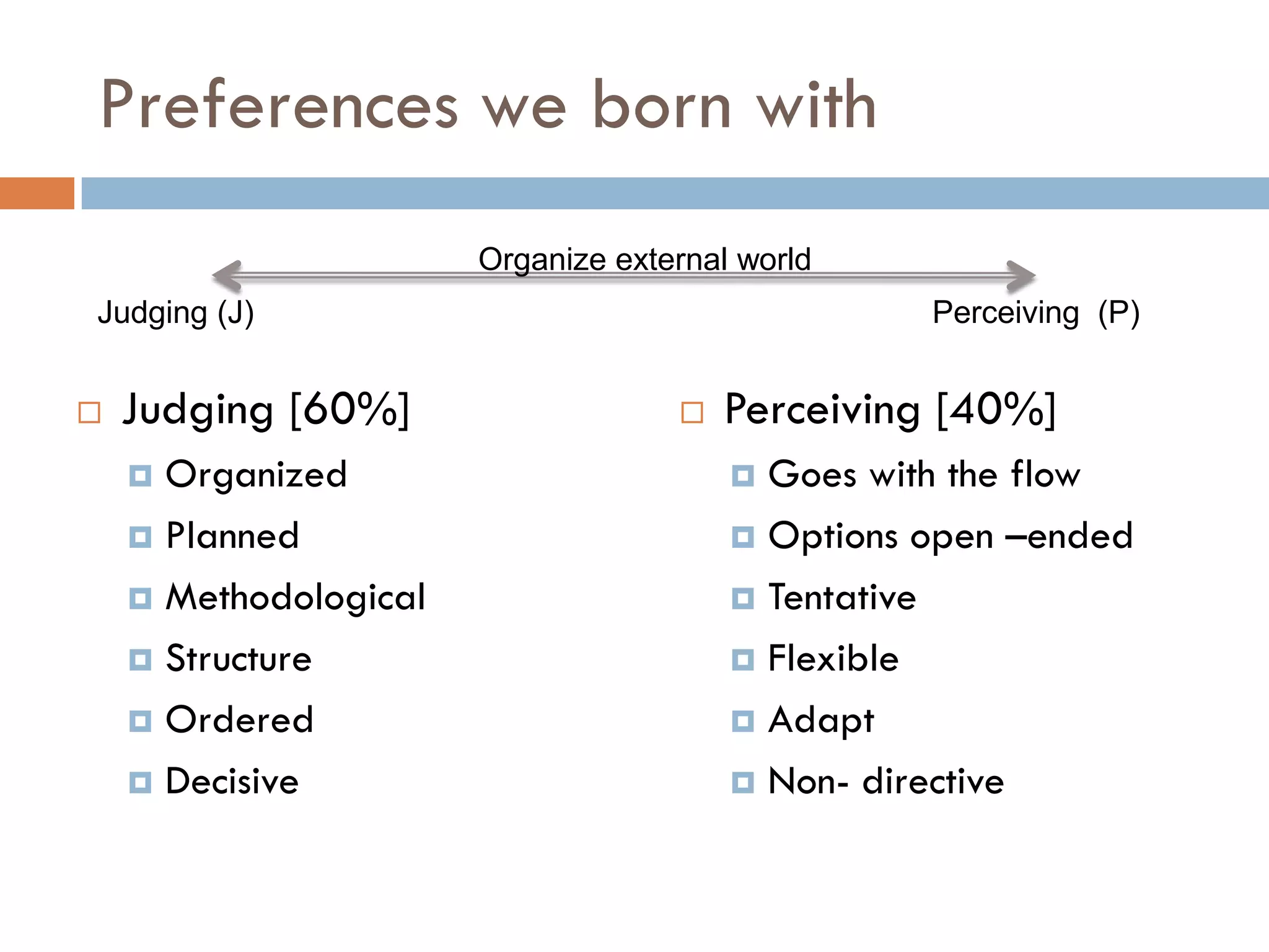 Preferences we born with
 Judging [60%]
 Organized
 Planned
 Methodological
 Structure
 Ordered
 Decisive
Organize external world
Judging (J) Perceiving (P)
 Perceiving [40%]
 Goes with the flow
 Options open –ended
 Tentative
 Flexible
 Adapt
 Non- directive
 