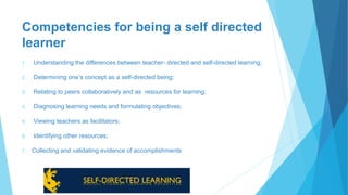 Competencies for being a self directed
learner
1. Understanding the differences between teacher- directed and self-directed learning;
2. Determining one’s concept as a self-directed being;
3. Relating to peers collaboratively and as resources for learning;
4. Diagnosing learning needs and formulating objectives;
5. Viewing teachers as facilitators;
6. Identifying other resources;
7. Collecting and validating evidence of accomplishments
 