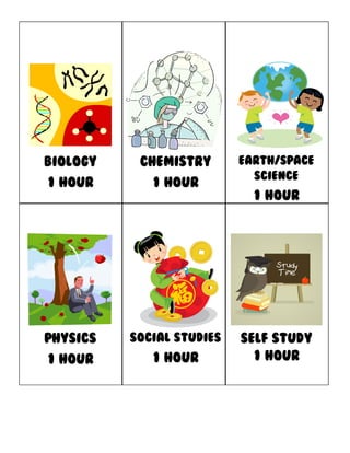 biology chemistry earth/space
science
1 hour 1 hour
1 hour
physics social studies self study
1 hour 1 hour 1 hour