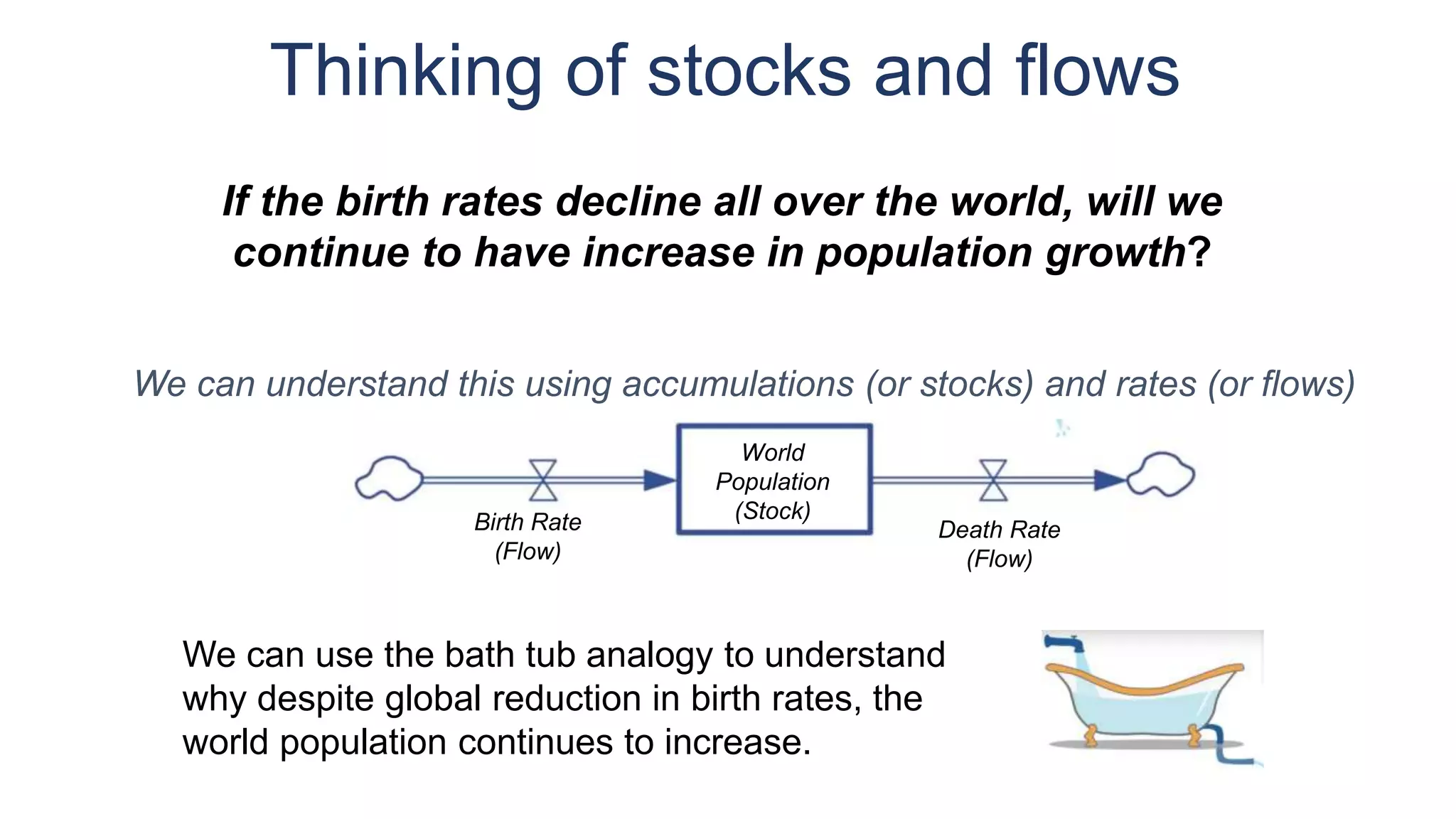 Thinking of stocks and flows
If the birth rates decline all over the world, will we
continue to have increase in population growth?
We can use the bath tub analogy to understand
why despite global reduction in birth rates, the
world population continues to increase.
We can understand this using accumulations (or stocks) and rates (or flows)
World
Population
(Stock)Birth Rate
(Flow)
Death Rate
(Flow)
 