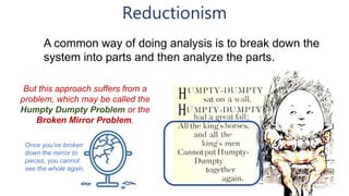 Reductionism
A common way of doing analysis is to break down the
system into parts and then analyze the parts.
But this approach suffers from a
problem, which may be called the
Humpty Dumpty Problem or the
Broken Mirror Problem.
Once you’ve broken
down the mirror to
pieces, you cannot
see the whole again.
 